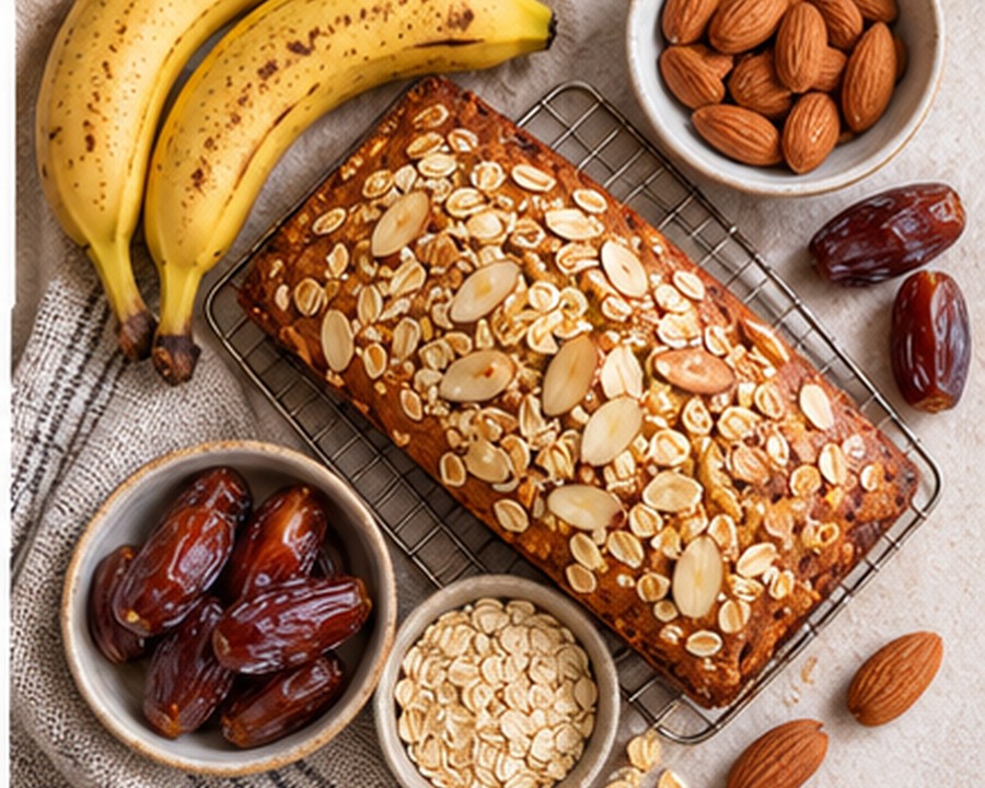 An almond-topped loaf on a cooling rack, with bananas, dates and oats nearby.